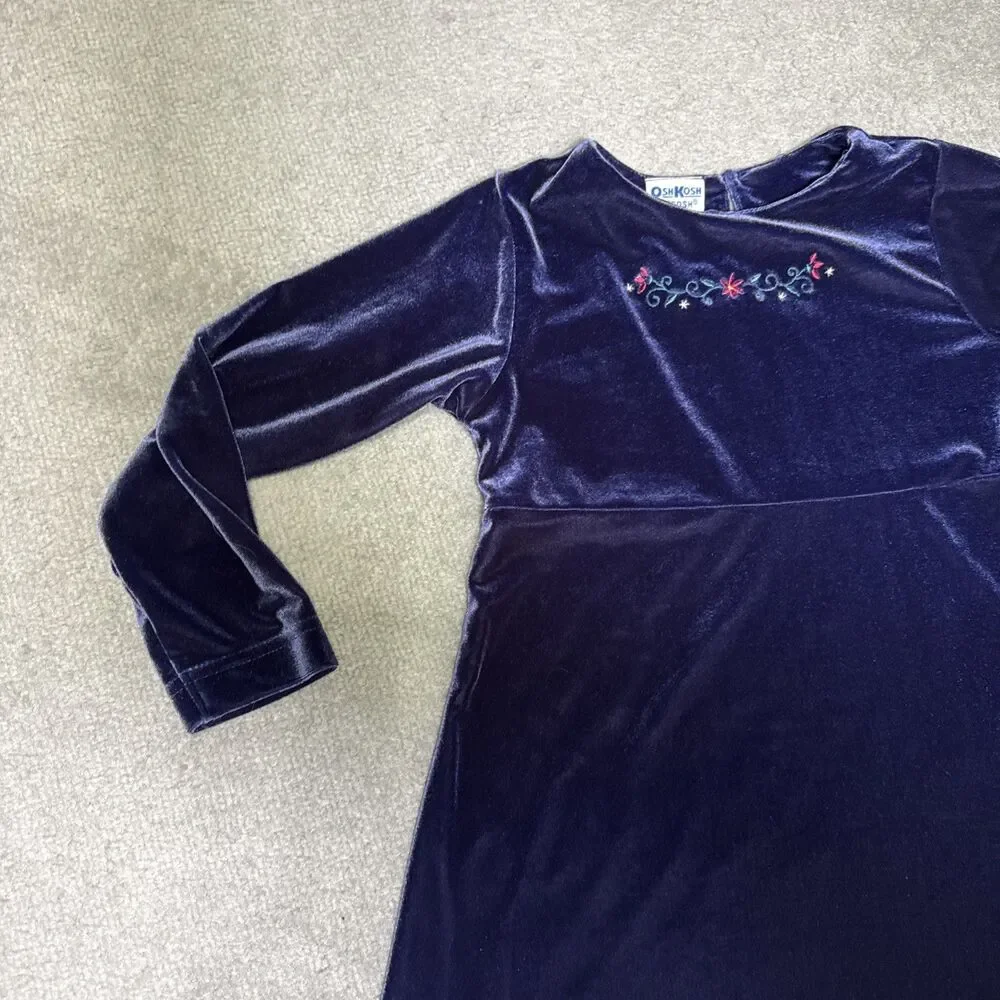 Vintage 90s Oshkosh Bgosh Velvet Dress Embroidered Girls Size 6 90s